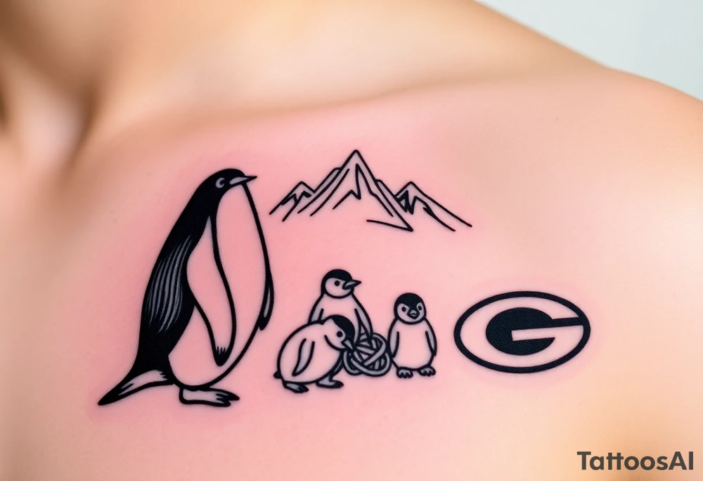 compilation outlining important things in my life such as one adult emperor penguin and 3 baby penguins, celtic trinity knot, mountains/nature, the green bay packers, and something to represent my 3 boys tattoo idea