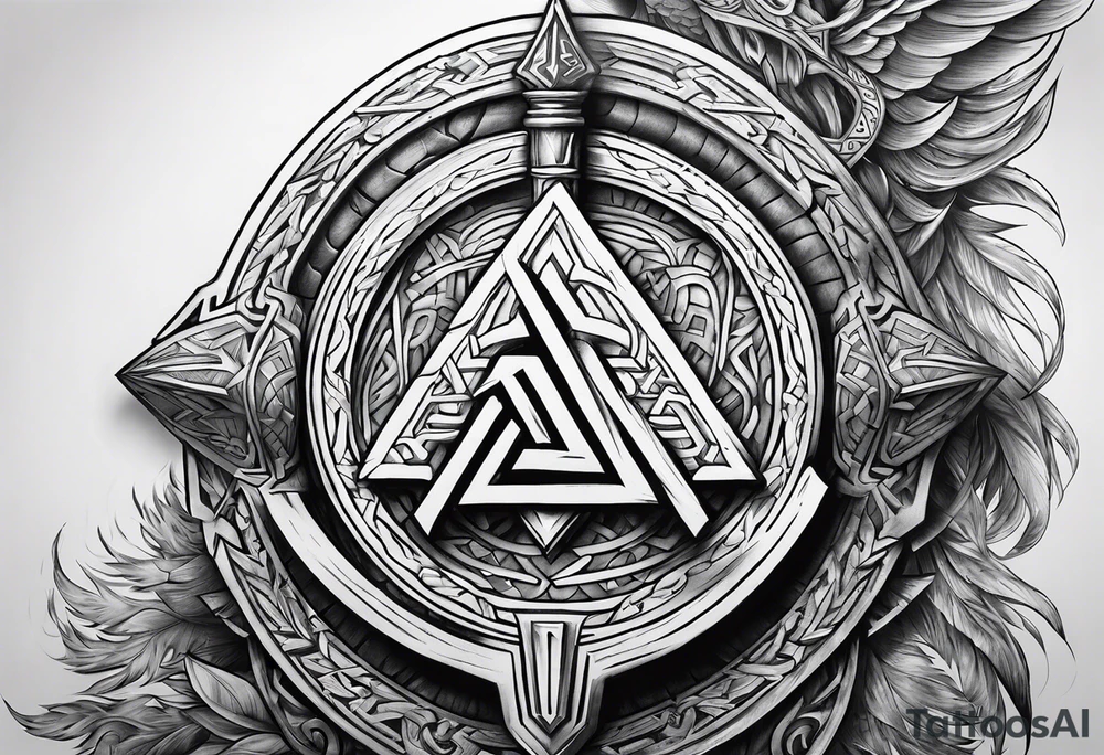 Valhalla sword shield axe Valknut stairs tattoo idea