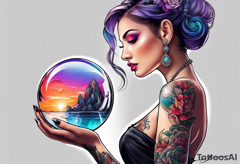 woman holding crystal ball tattoo idea