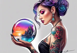 woman holding crystal ball tattoo idea