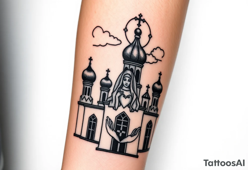 Russian Orthodox church with orthodox spire crosses, with a glow around the church, clouds above it and a virgin mary seperately looking over hands on heart sat above tattoo idea