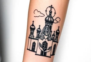 Russian Orthodox church with orthodox spire crosses, with a glow around the church, clouds above it and a virgin mary seperately looking over hands on heart sat above tattoo idea