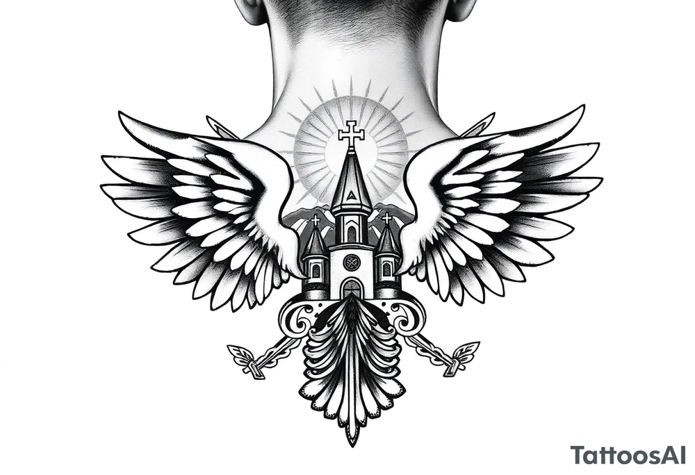 russian coat of arms with both heads visible & wings spanning out on my back neck across on to my shoulders with an orthodox christian church being visible in a mountainous sun beaming setting, with the russian orthodox cross spire of the orthodox church being visible on my neck with a sun beaming in the background that the cross sits inside tattoo idea