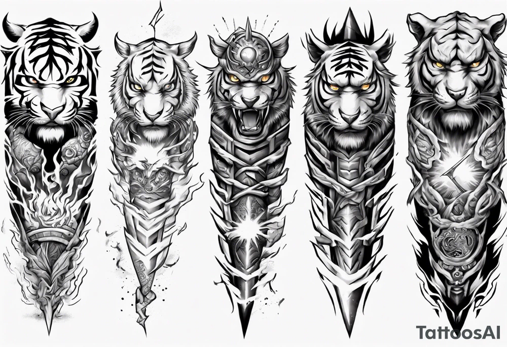 Tiger Warrior sleeve tattoo with lightning and the sun
Forearm sleeve tattoo idea