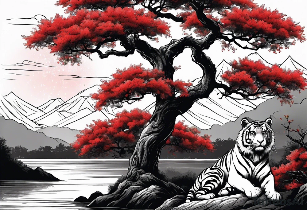 Red japanese oak tree next to a river with a tiger sitting next to it tattoo idea