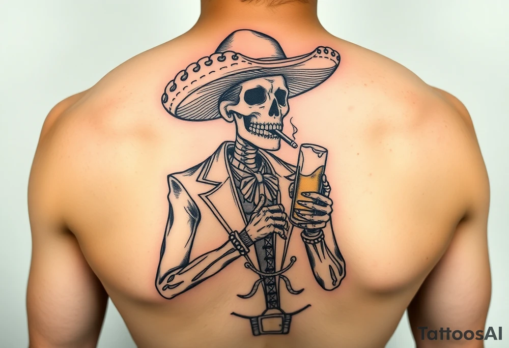 Skeleton with Mexican attire with a colt and beer smoking tattoo idea