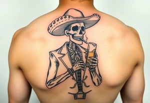 Skeleton with Mexican attire with a colt and beer smoking tattoo idea