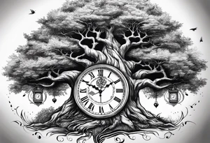 Masculine tree with clock and birthdates in roots tattoo idea
