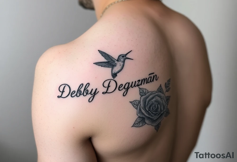 A tattoo on the forearm with the name Debby Deguzman with a humming bird and a rose tattoo idea