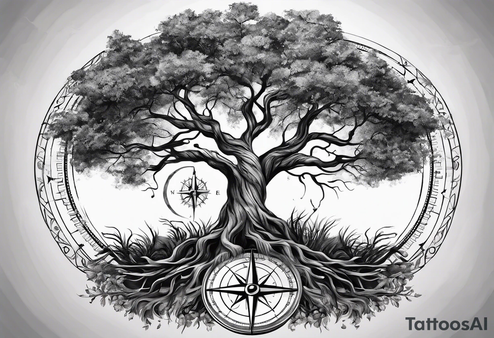 circle of life tree
the roots of the tree wrapped around a compass 
the compass is below the tree
the roots of the tree are wrapped around the compass tattoo idea
