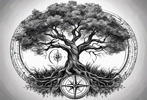 circle of life tree
the roots of the tree wrapped around a compass 
the compass is below the tree
the roots of the tree are wrapped around the compass tattoo idea