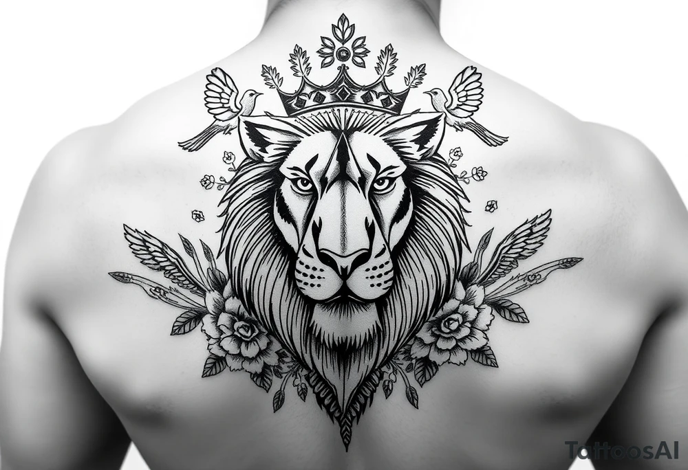 powerful majestic lion with a crown, surrounded by floral ornaments and birds tattoo idea