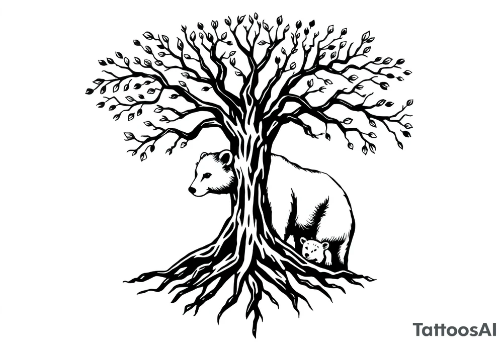 Tree of life with roots and a mother bear with her cub tattoo idea