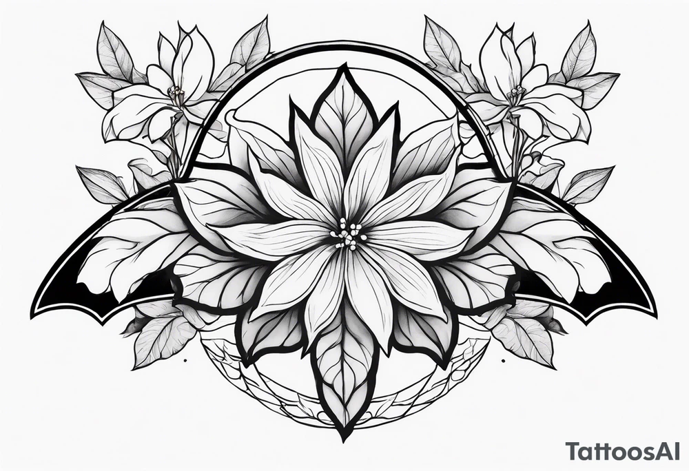 Shoulder and collarbone tattoo of a vibe of night-blooming Jasmine with a bat hanging from one of the stems tattoo idea