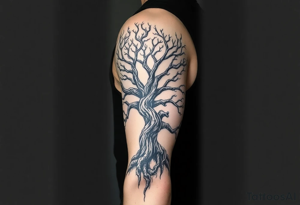 Arm sleeve, tree with limbs wrapping around, negative space tattoo idea