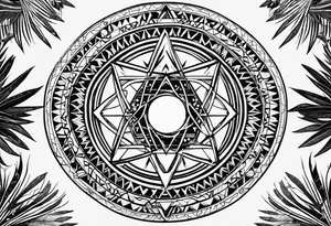 sacred geometry, tropical, egyptian symbols, chakras, black and white with hints of blue tattoo idea