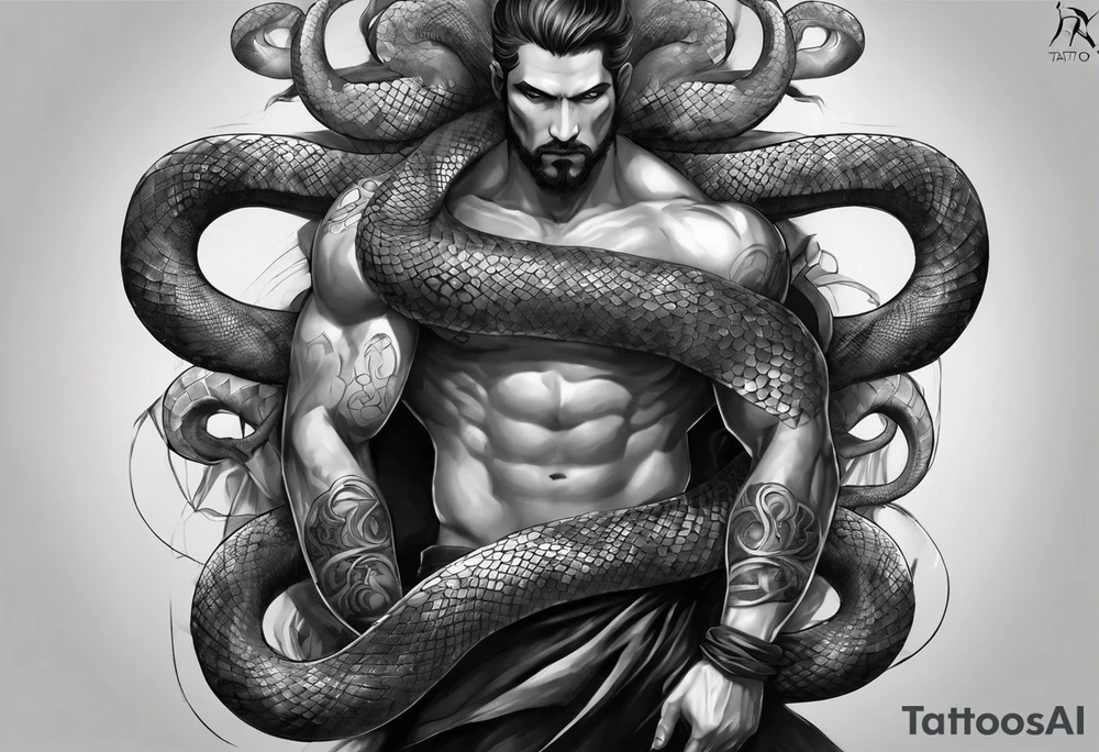 A snake wrapping around the legs of a rough sketch of man with 8 arms and no face in pencil drawing style. The upper part of the snake will come up from the right and look back at the man figure. There will be a black eye above the man looking directly forward. tattoo idea