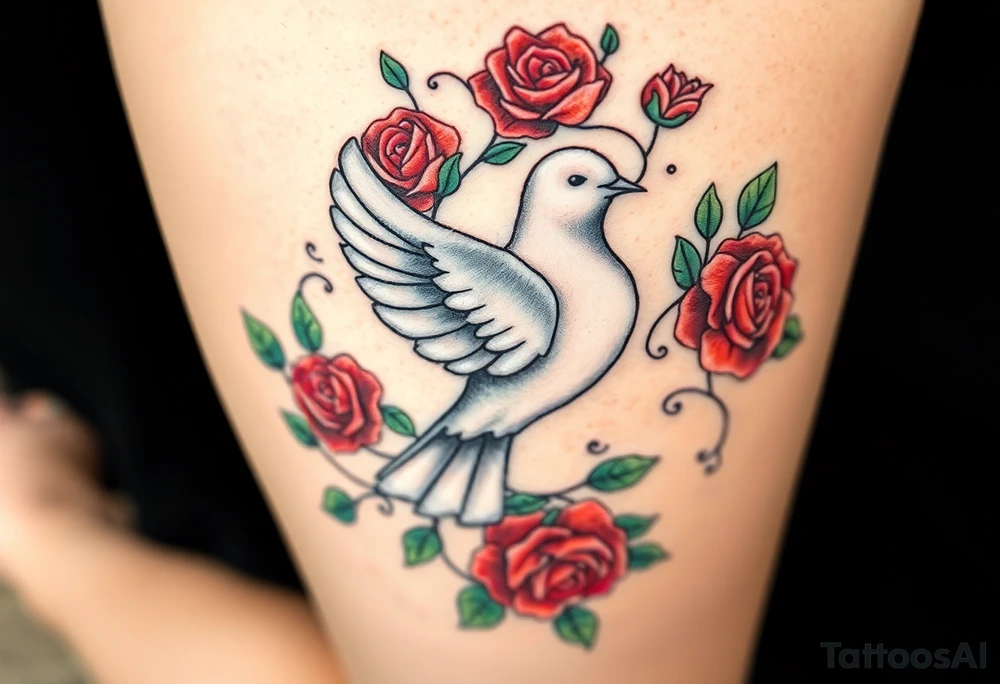A collared dove surrounded by swirling vines and roses, with the dove in light gray and soft white, and the vines in green with hints of deep red for the roses tattoo idea