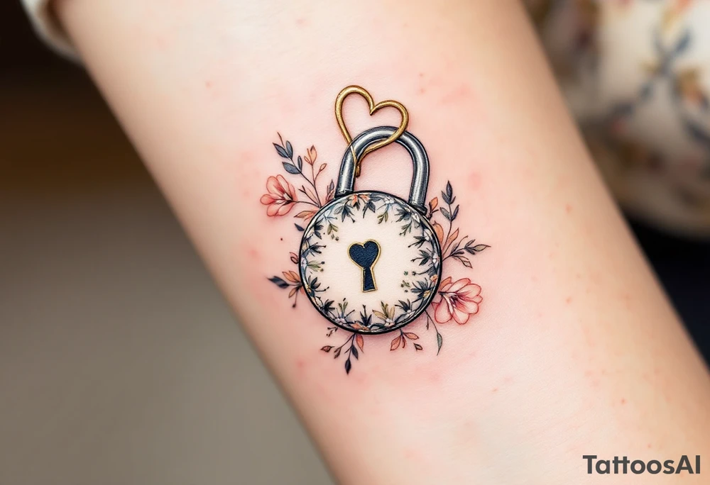 A finely detailed key with a heart-shaped end, surrounded by a floral border, leading to an elegant lock adorned with tiny flowers. Gold for the key, soft blush and peach for the flowers, and a creamy ivory lock with subtle silver detailing. tattoo idea