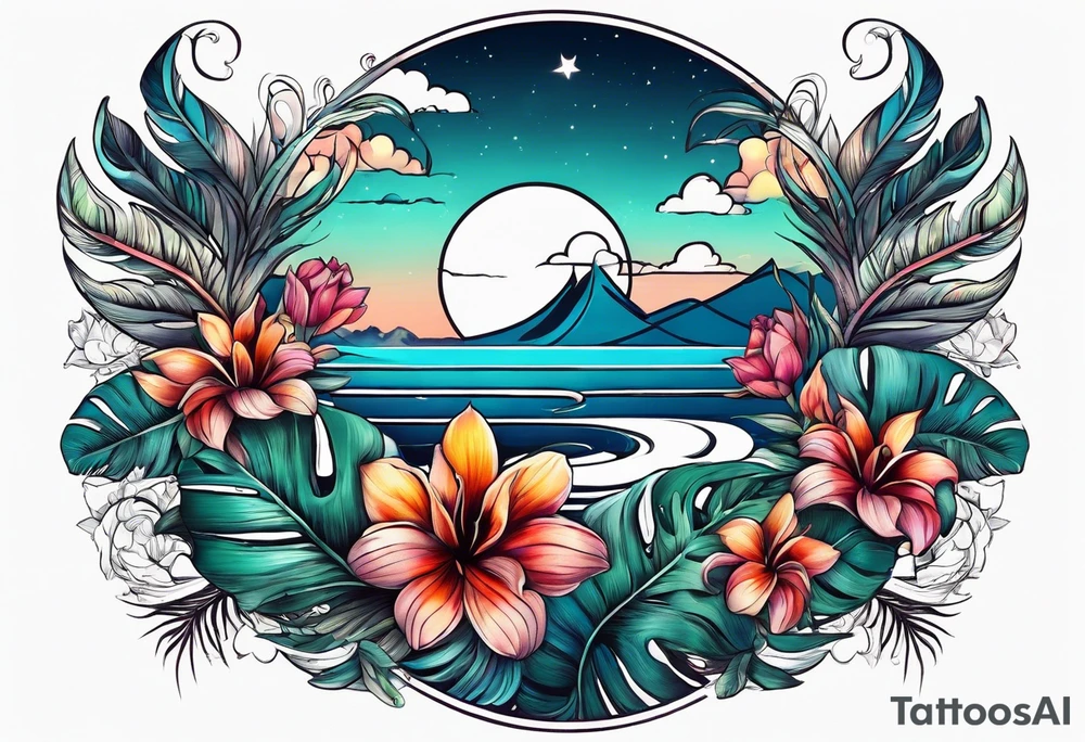sea,, night, flower, palm, tattoo idea
