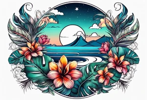 sea,, night, flower, palm, tattoo idea