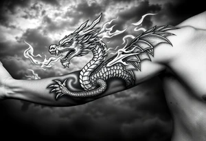 fierce dragon breathing iridescent fire against stormy skies tattoo idea