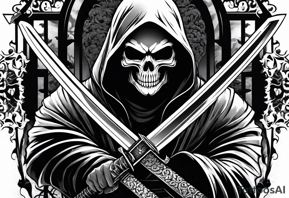 katana with grim reaper and skull tattoo idea