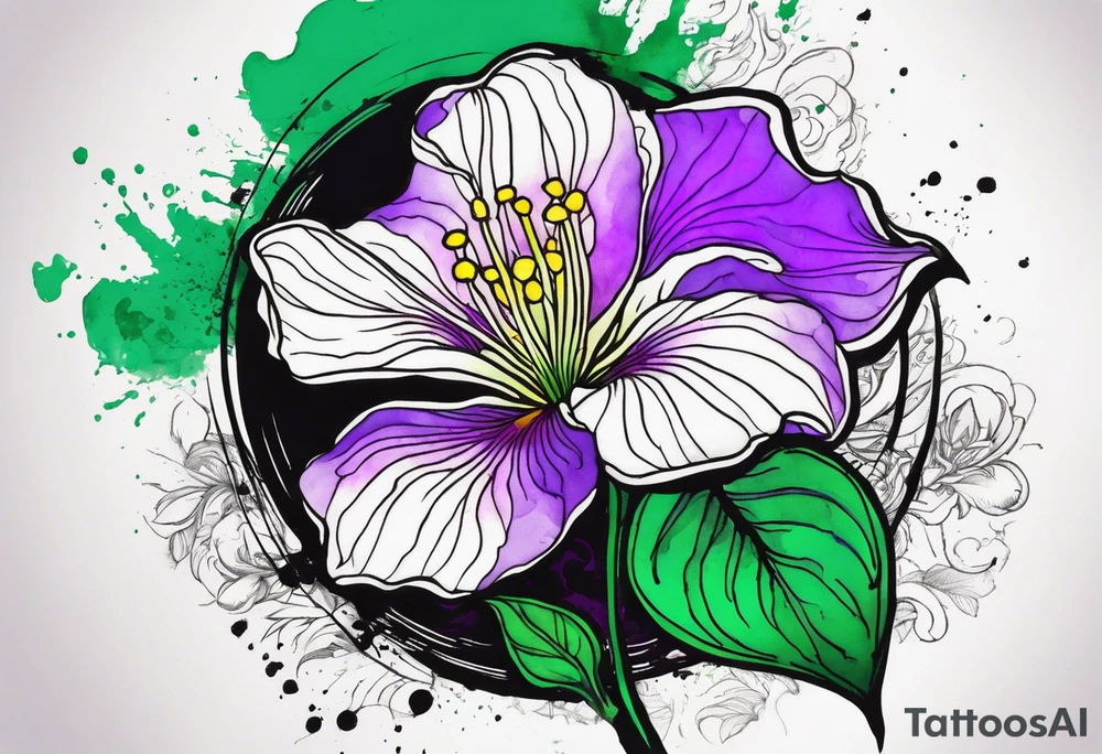 An outline of a rio dipladenia flower with a mystical green/purple watercolor splash in the background tattoo idea