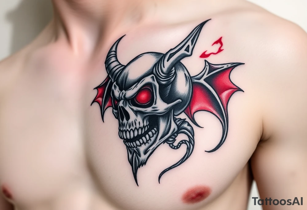 Demon skull black and red on left chest male tattoo idea