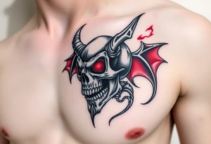 Demon skull black and red on left chest male tattoo idea