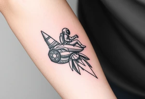 Rocket ship with sparks coming out of the back and astronaut riding it tattoo idea