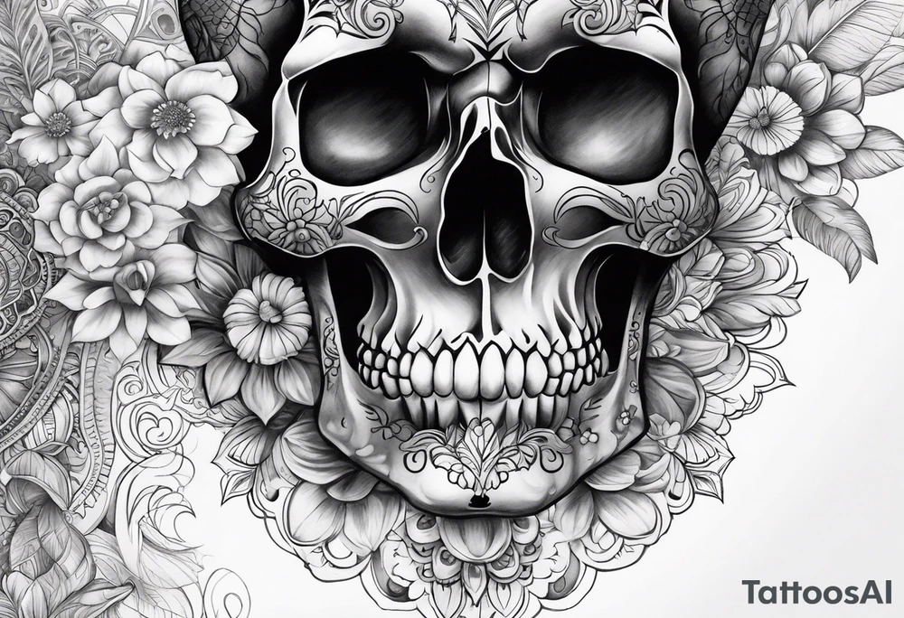 Draw me a realistic skull with black smoke out of his mouth add some flowers underneath with some mandalas at the bottom tattoo idea