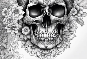 Draw me a realistic skull with black smoke out of his mouth add some flowers underneath with some mandalas at the bottom tattoo idea