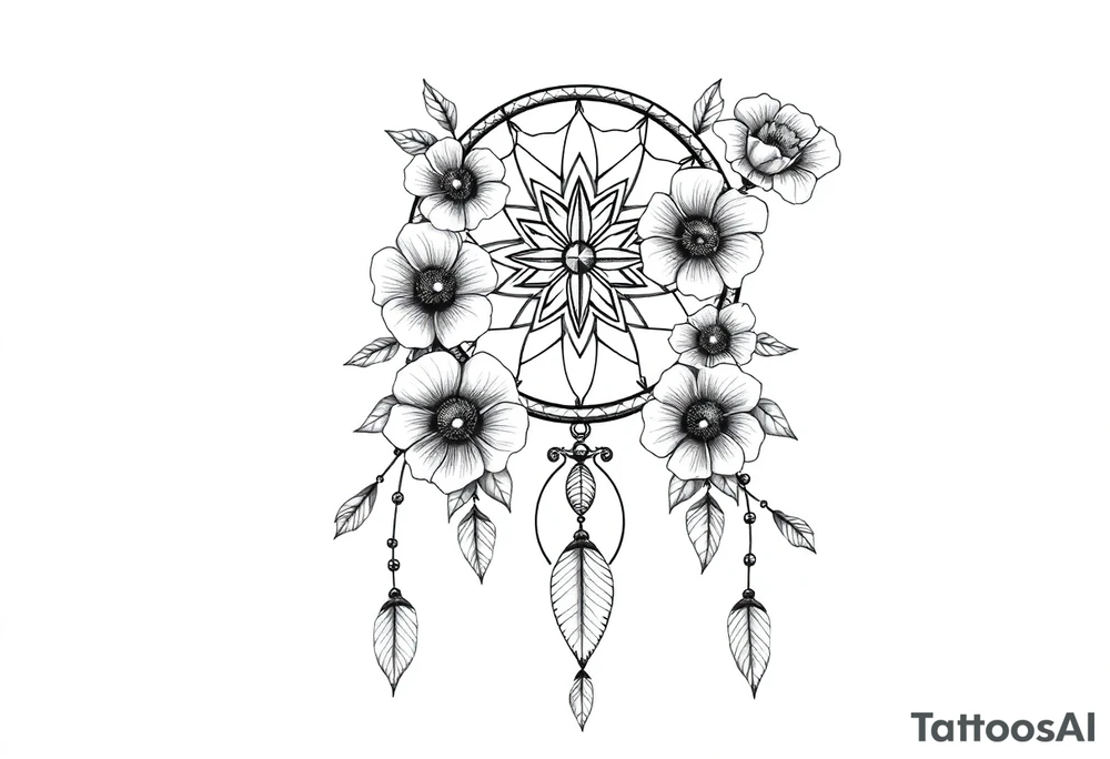 Boho dream catcher with compass and anchor Beautiful flowers and an ornamental chandelier like look tattoo idea