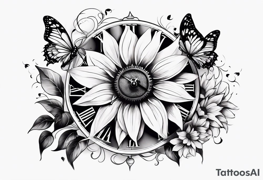 Sleeve with clock, sunflower and butterflies tattoo idea