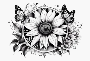 Sleeve with clock, sunflower and butterflies tattoo idea