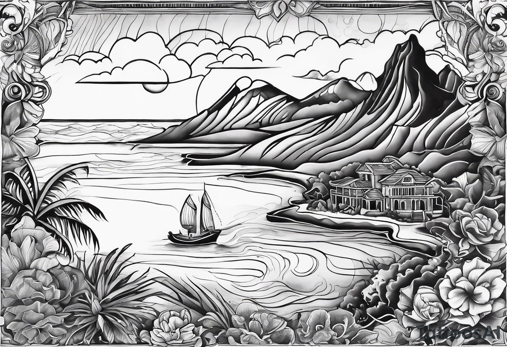 Map of the eastern Caribbean islands with an ocean view of the island mountains across the sea in the background tattoo idea