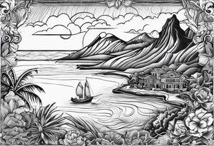 Map of the eastern Caribbean islands with an ocean view of the island mountains across the sea in the background tattoo idea