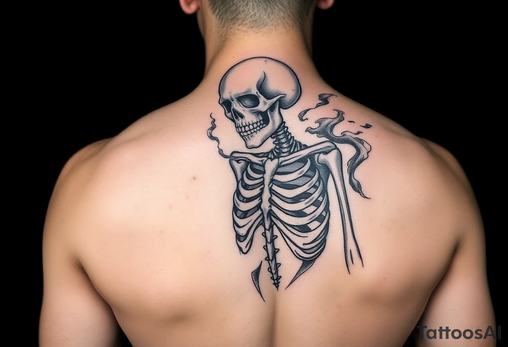 Skeleton in despair, surrounded by smoke tattoo idea