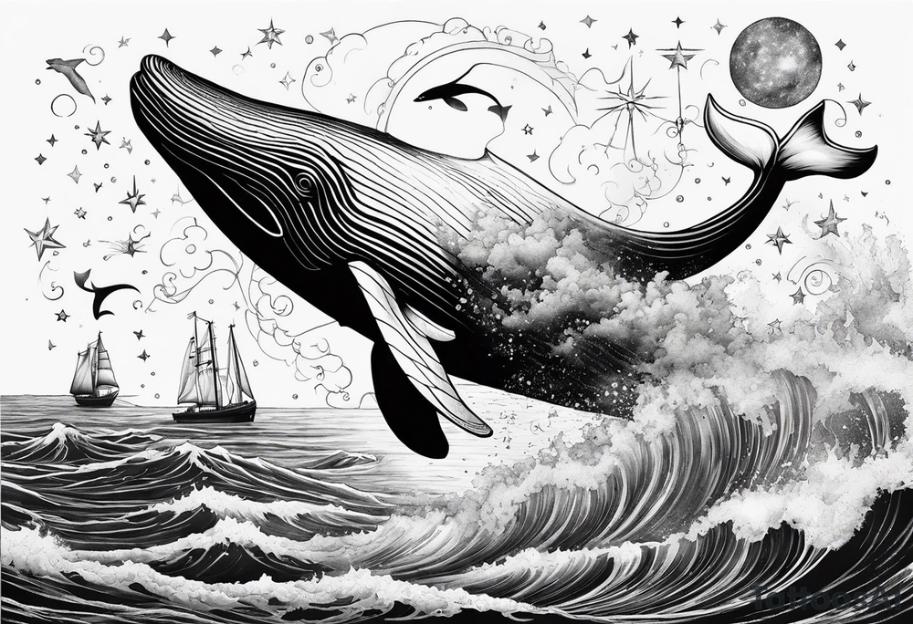 Moby dick inspired sperm whale jumping out of the water with the Virgo constellation in the sky and a sail boat at sea tattoo idea