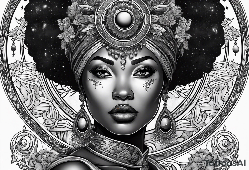 Black woman, royalty, enlightenment, wisdom, astronomy, cancer zodiac, natural, tattoo idea