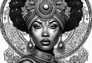 Black woman, royalty, enlightenment, wisdom, astronomy, cancer zodiac, natural, tattoo idea