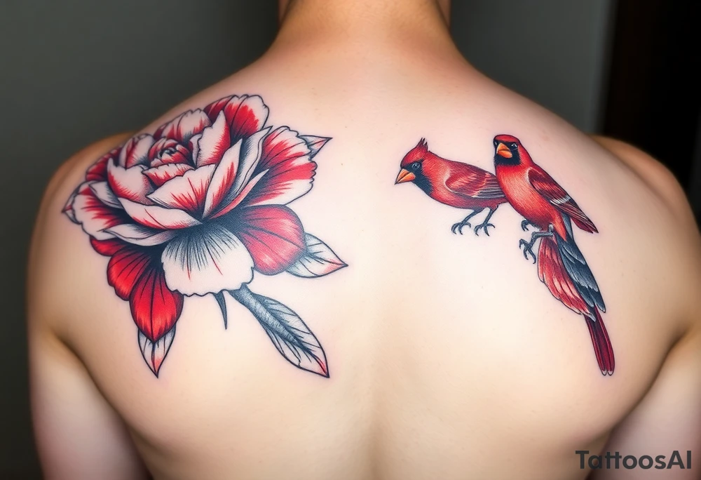 peony flowers with bold coloring highlighting reds and whites; and a feminine but boldly colored male and female cardinal birds tattoo idea