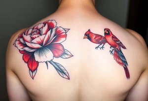 peony flowers with bold coloring highlighting reds and whites; and a feminine but boldly colored male and female cardinal birds tattoo idea