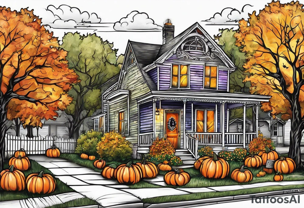 Midwestern street in fall with Halloween pumpkin tattoo idea