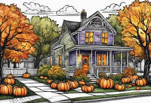 Midwestern street in fall with Halloween pumpkin tattoo idea