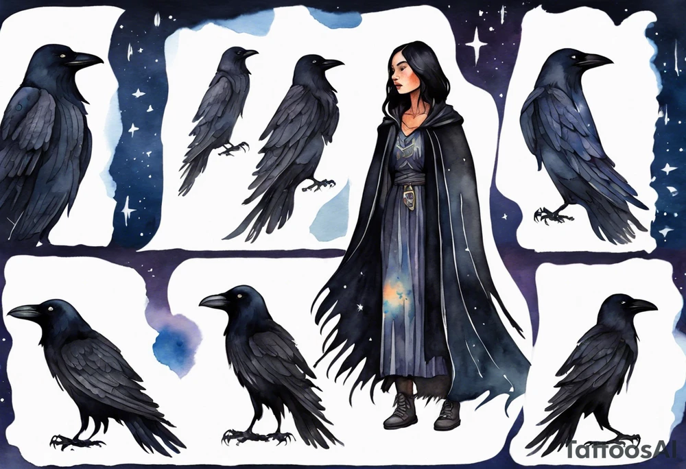 Watercolor of a Dakota woman with a black cloak, standing before the night sky, a raven on her shoulder tattoo idea