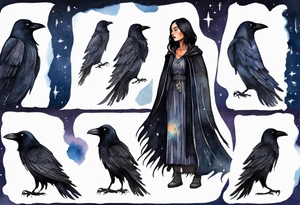 Watercolor of a Dakota woman with a black cloak, standing before the night sky, a raven on her shoulder tattoo idea