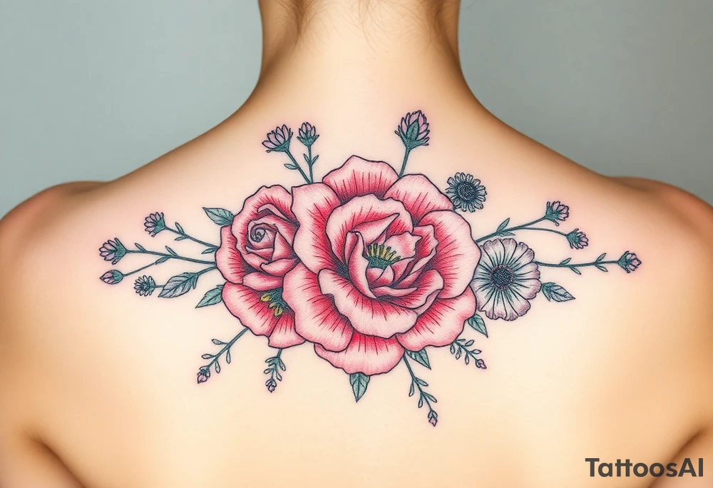 Bouquet Carnation rose lily luster and aster flower tattoo idea