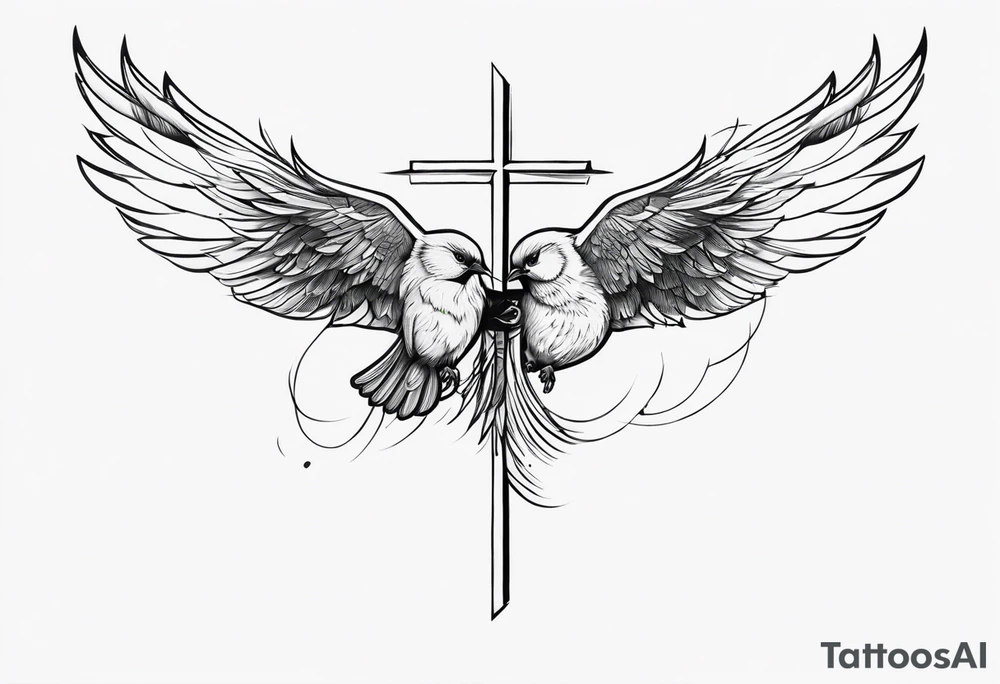 Two birds on forearm flying towards each other one below the other and up towards with a cross in between them tattoo idea
